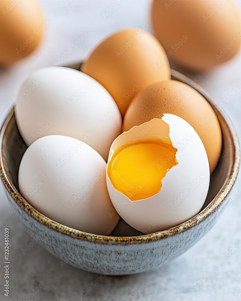 Fresh eggs in a bowl, yolk visible. Soft boiled egg with visible yolk and eggshell Fresh eggs in a bowl, yolk visible. Soft boiled egg with visible yolk and eggshell