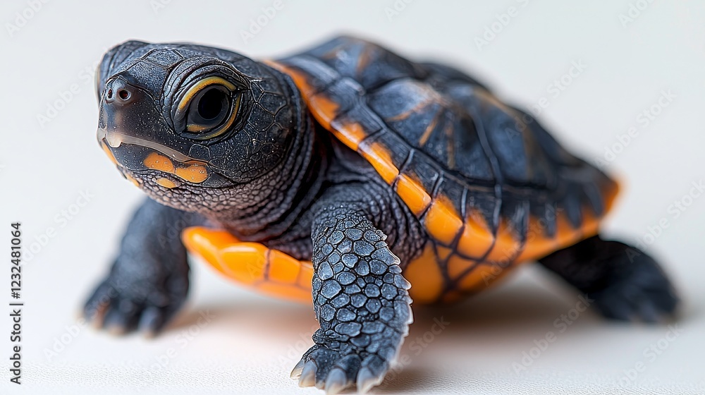 Slowly, the turtle crawls forward on a plain white surface