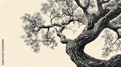 Majestic tree branch, detailed drawing, light background, nature art, design element