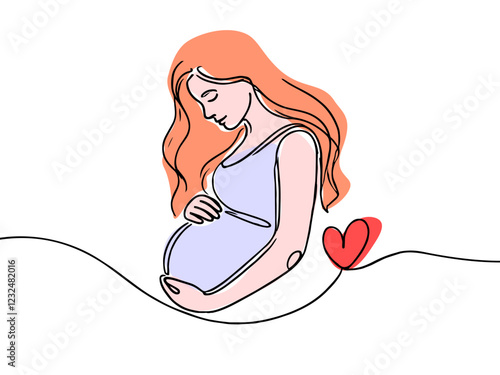 Beautiful pregnant woman touching her belly in continuous one line drawing. Simple line art illustration of pregnant belly.