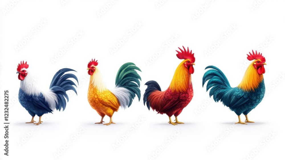 Colorful Roosters in Dynamic Motion Captured Mid Stride Colorful Roosters in Dynamic Motion Captured Mid Stride