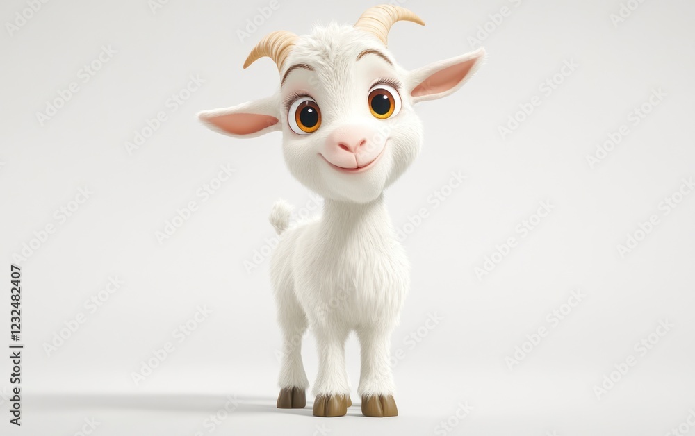 Fototapeta premium Cute cartoon goat, studio shot, white background, children's book illustration (1)