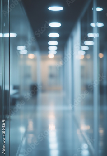 Modern bright office hallway with large windows and shiny floor empty modern office hallway with large windows cityscape view. Clean shiny floor reflects light.
