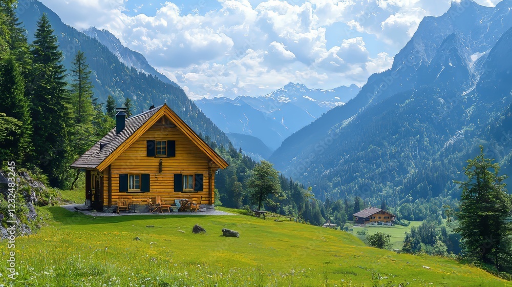 Obraz premium A wooden chalet or house nestled in the lush green landscape of the Swiss Alps during summer