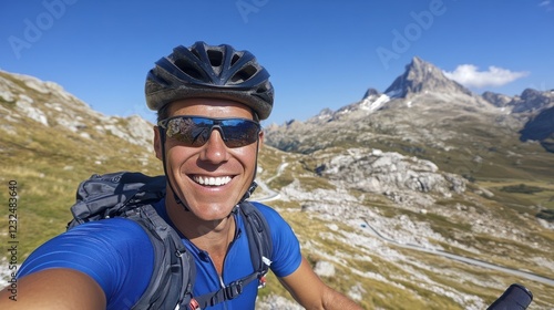 A smiling cyclist races downhill on a winding mountain trail, reveling in freedom and adventure under a bright sky. photo