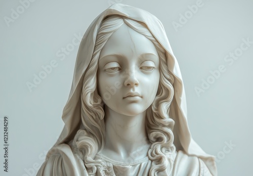 Close up of a serene, white marble bust of a young woman, her eyes closed, draped in a veil against a light gray background. The sculpture exhibits