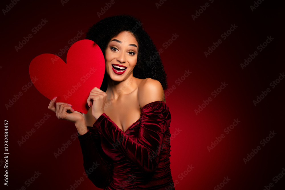 Positive pretty girl feel excited amazed hold valentine day card present gift Positive pretty girl feel excited amazed hold valentine day card present gift