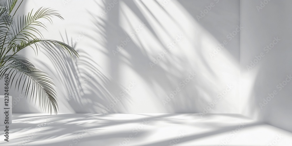 Serene Minimalist White Room with Palm Plant and Sunlight Shadows Serene Minimalist White Room with Palm Plant and Sunlight Shadows