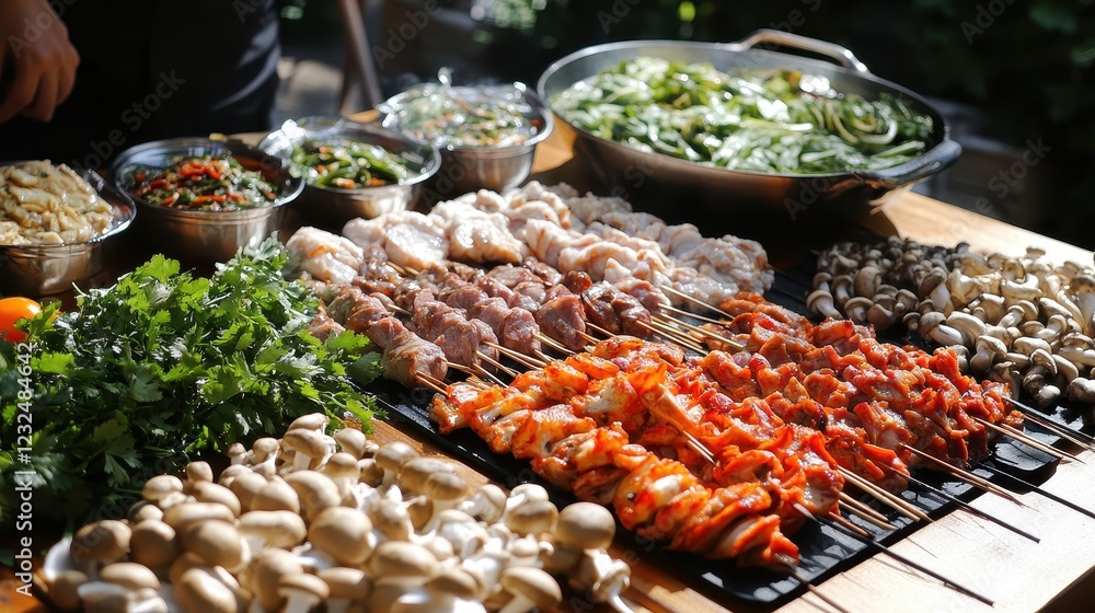 Obraz premium Vibrant Thai Barbecue Spread on Table