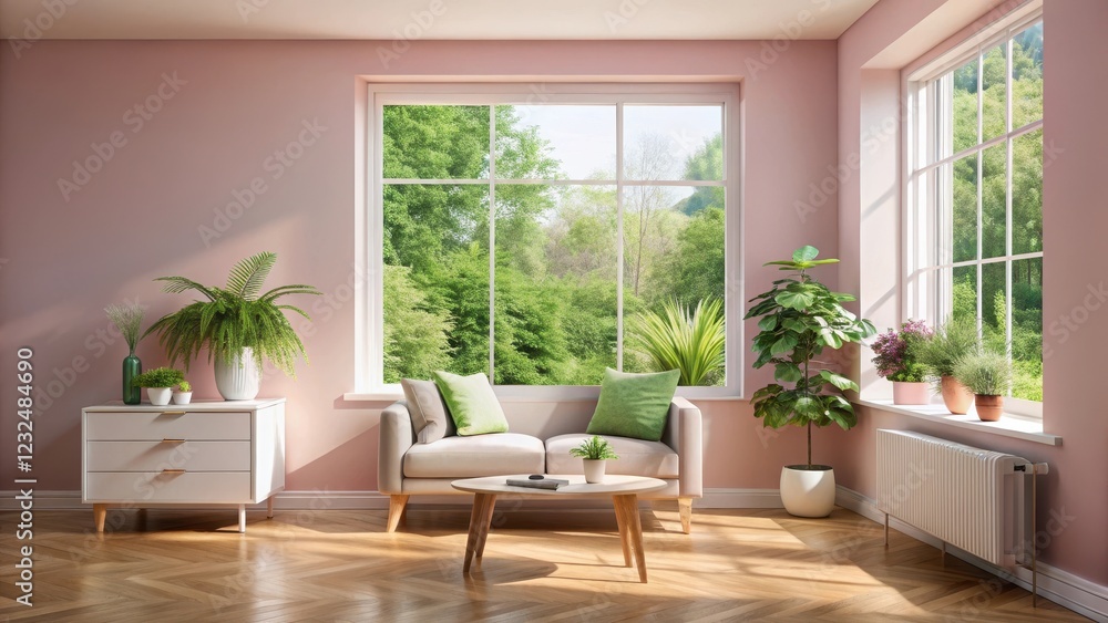 Soft pink walls with white furniture and a large window showing a sunny day, surrounded by lush greenery, minimalist decor, natural light Soft pink walls with white furniture and a large window showing a sunny day, surrounded by lush greenery, minimalist decor, natural light