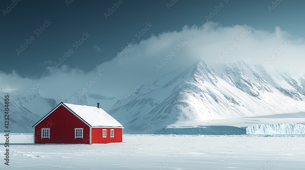 A red house enveloped by sea ice during winter, capturing the East Greenland landscape A red house enveloped by sea ice during winter, capturing the East Greenland landscape