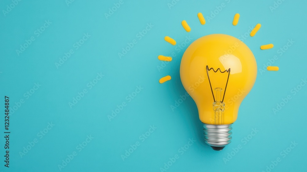Bright Yellow Light Bulb on Blue Background with Radiating Lines Bright Yellow Light Bulb on Blue Background with Radiating Lines