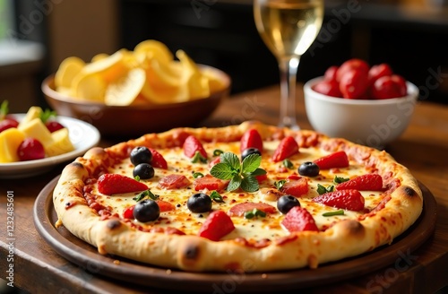 Wallpaper Mural A delicious pizza with a glass of champagne, fresh fruit skewers, and chips on a table Torontodigital.ca