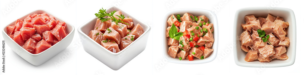 Canned Tuna in White Square Dishes - Delicious canned tuna, prepared in four different ways: plain, with herbs, with peppers, and a mixed version. Healthy, convenient, versatile meal option. Quick Canned Tuna in White Square Dishes - Delicious canned tuna, prepared in four different ways: plain, with herbs, with peppers, and a mixed version. Healthy, convenient, versatile meal option. Quick