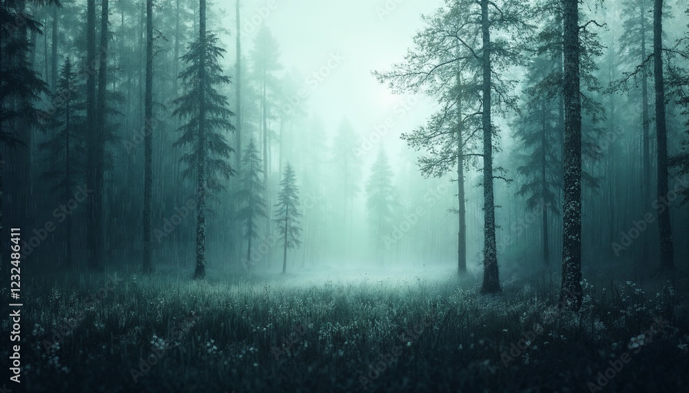 Fototapeta premium Mysterious foggy forest landscape with tall trees and soft undergrowth creating a serene atmosphere with copy space 