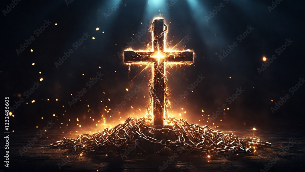 Fototapeta premium Breaking chains with glowing cross, golden light and dark background, freedom concept, Christian imagery, hope and liberation theme. 