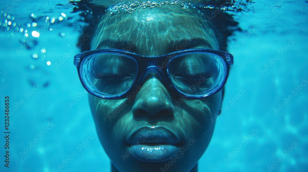 Fototapeta premium Close up underwater portrait of a young woman with dark skin and eyeglasses, serene expression, blue toned lighting, calm atmosphere