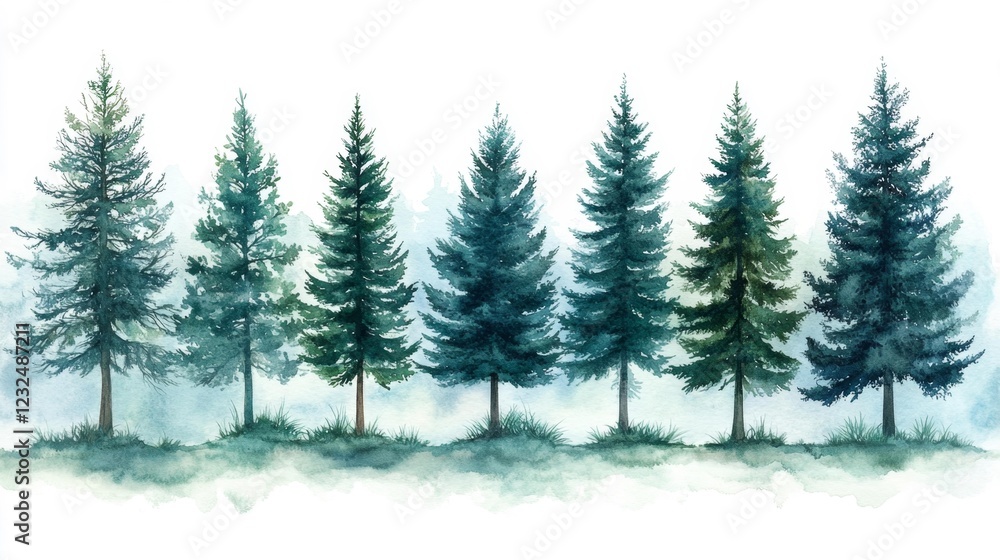 Fototapeta premium Watercolor pine tree silhouettes with unique shapes and colors. Generative AI