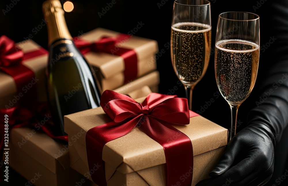 Celebrating a special occasion with champagne and beautifully wrapped gifts set against a dark backdrop Celebrating a special occasion with champagne and beautifully wrapped gifts set against a dark backdrop