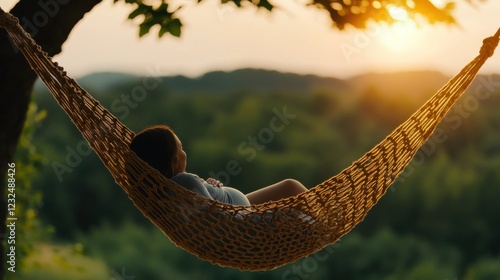Pregnant woman reclining peacefully in a hammock surrounded by the tranquil beauty of a forested landscape at sunset  The warm golden light casts a serene glow