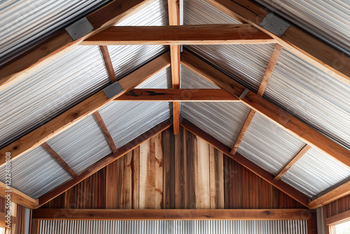 Obraz na płótnie A Corrugated Iron Ceiling with Timber Beams w salonie