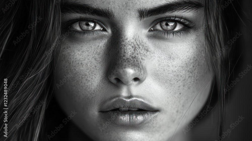 Monochrome Portrait of a Young Woman with Freckles Monochrome Portrait of a Young Woman with Freckles