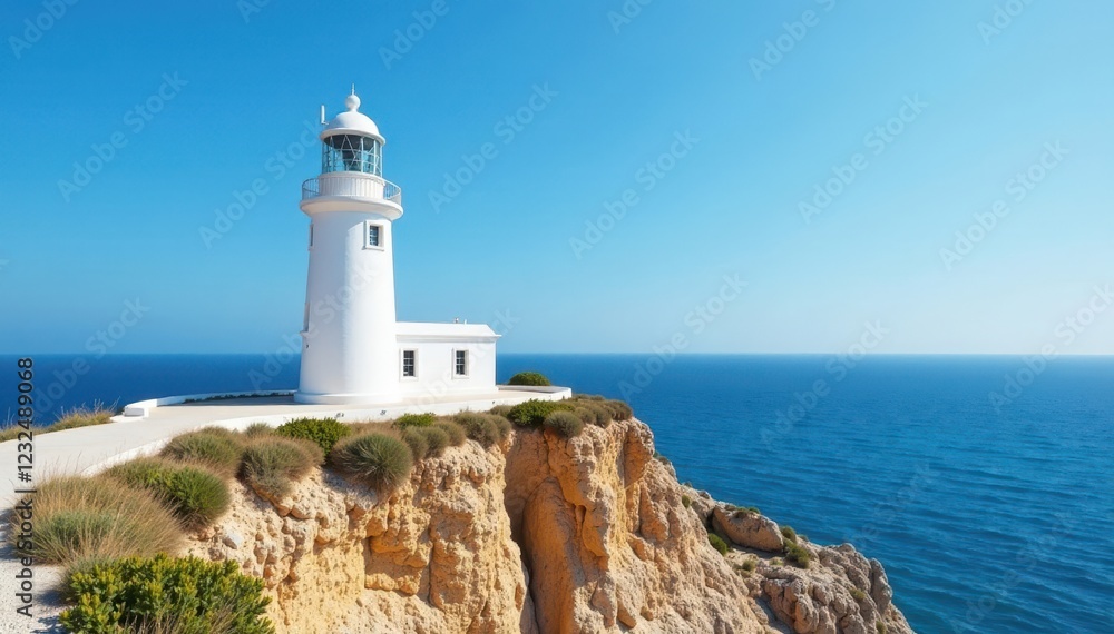 Iconic white lighthouse on Formentera clifftop, azure sea backdrop, summer, light Iconic white lighthouse on Formentera clifftop, azure sea backdrop, summer, light
