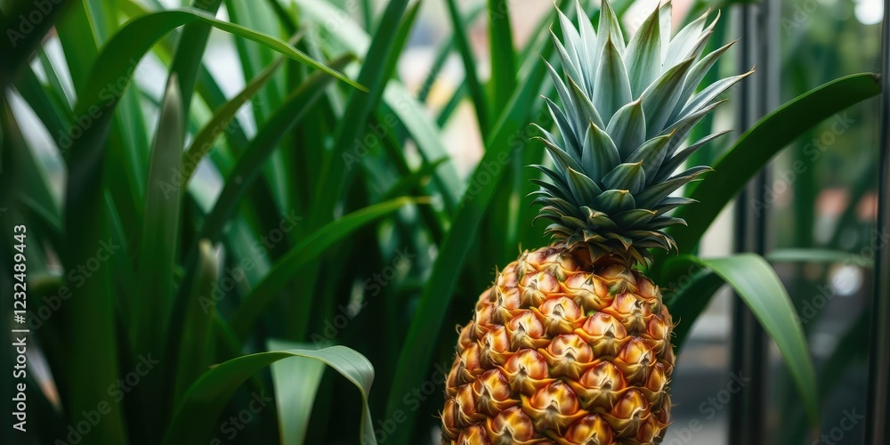 Fresh pineapple with green leaves in a terrarium, succulent arrangement, fresh fruit, indoor plant Fresh pineapple with green leaves in a terrarium, succulent arrangement, fresh fruit, indoor plant