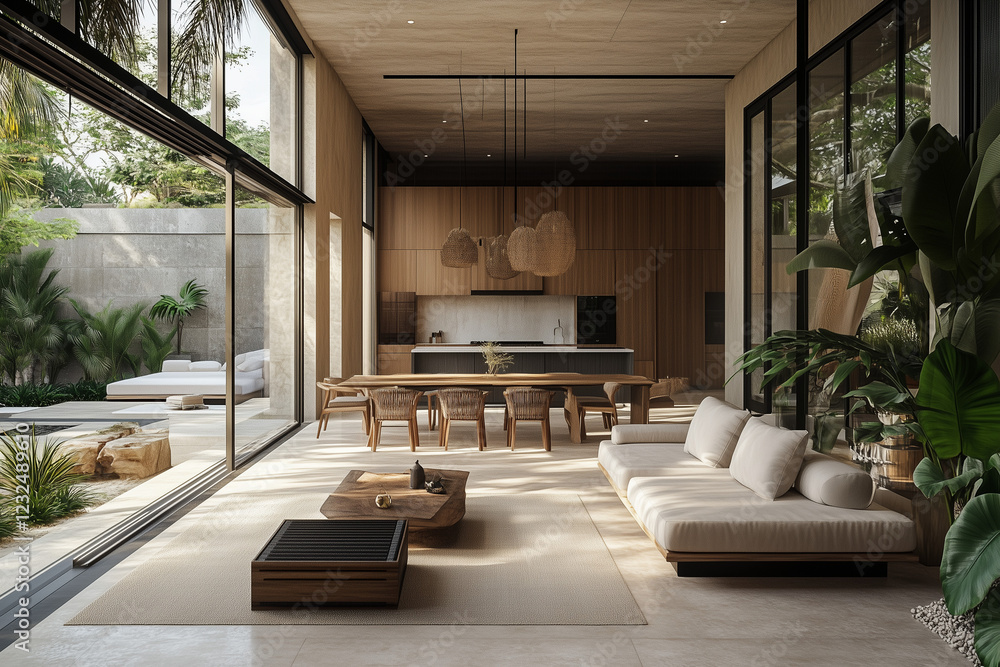 A Luxurious Living and Dining Area in a Balinese Modern Style