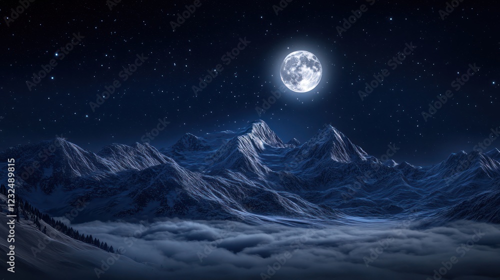 Naklejka premium Majestic Night Scene: Full Moon over Snowy Mountains