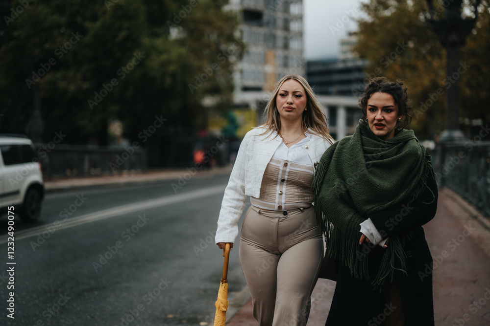Two young women dressed fashionably, strolling through a city street. The mood is casual and confident, with urban scenery in the background showcasing modern architecture and outdoor surroundings. Two young women dressed fashionably, strolling through a city street. The mood is casual and confident, with urban scenery in the background showcasing modern architecture and outdoor surroundings.