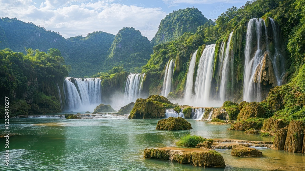 Fototapeta premium Majestic waterfall cascades into serene pool, lush green mountains backdrop, travel destination