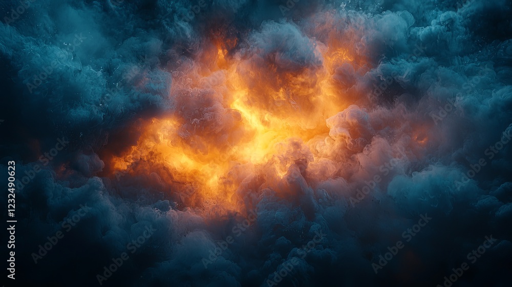 A slow-motion rain effect. An explosion featuring a blazing orange core set against a dark, smoky atmosphere A slow-motion rain effect. An explosion featuring a blazing orange core set against a dark, smoky atmosphere