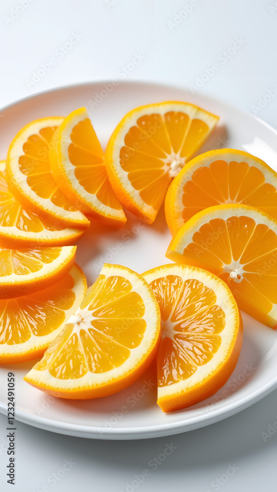 Fresh orange slices arranged neatly on a white plate showcasing their vibrant color and juicy texture perfect for healthy eating or cooking inspiration Fresh orange slices arranged neatly on a white plate showcasing their vibrant color and juicy texture perfect for healthy eating or cooking inspiration