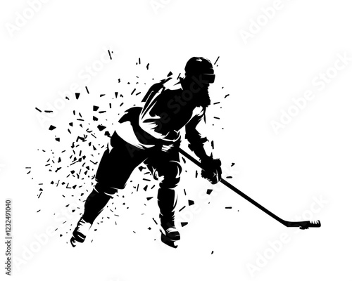 Ice hockey player skating with puck, isolated vector silhouette with distortion effect, hockey player clip art