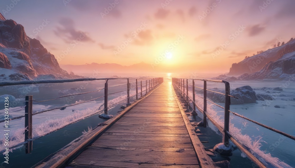 Obraz premium Frozen bridge over the bay with icy mist and frosty atmosphere at sunrise, cold weather, frosty atmosphere, dawn