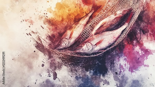 Colorful artistic representation of fish in a net, showcasing vibrant splashes in the background photo