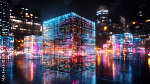 Wallpaper Mural Colorful illuminated data cubes in a futuristic urban setting at night Torontodigital.ca