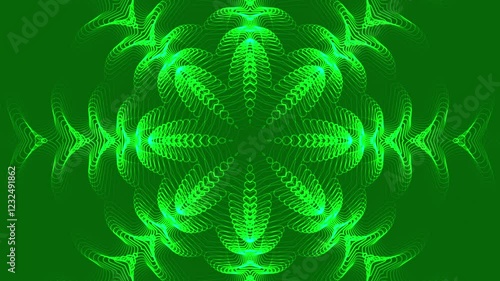 Kaleidoscope background animation in green color with seamless looping. Hypnotic movement. Looped animation of lines and floral patterns radiating outward and inward. 
