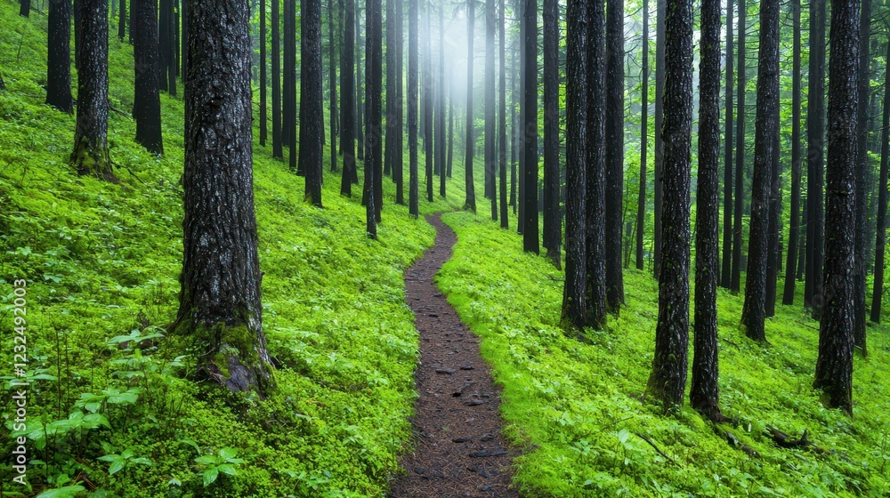 Fototapeta premium Lush Green Forest Pathway Surrounded by Tall Trees and Fog