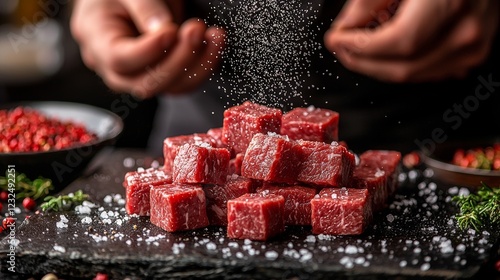 A kitchen scene where juicy beef steak falls, captured in mesmerizing slow motion to showcase its texture and succulence against a serene backdrop