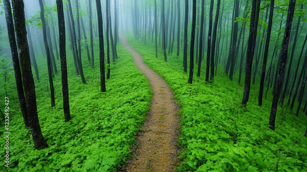 Fototapeta premium Serene Path Through Lush Green Forest Shrouded in Morning Mist