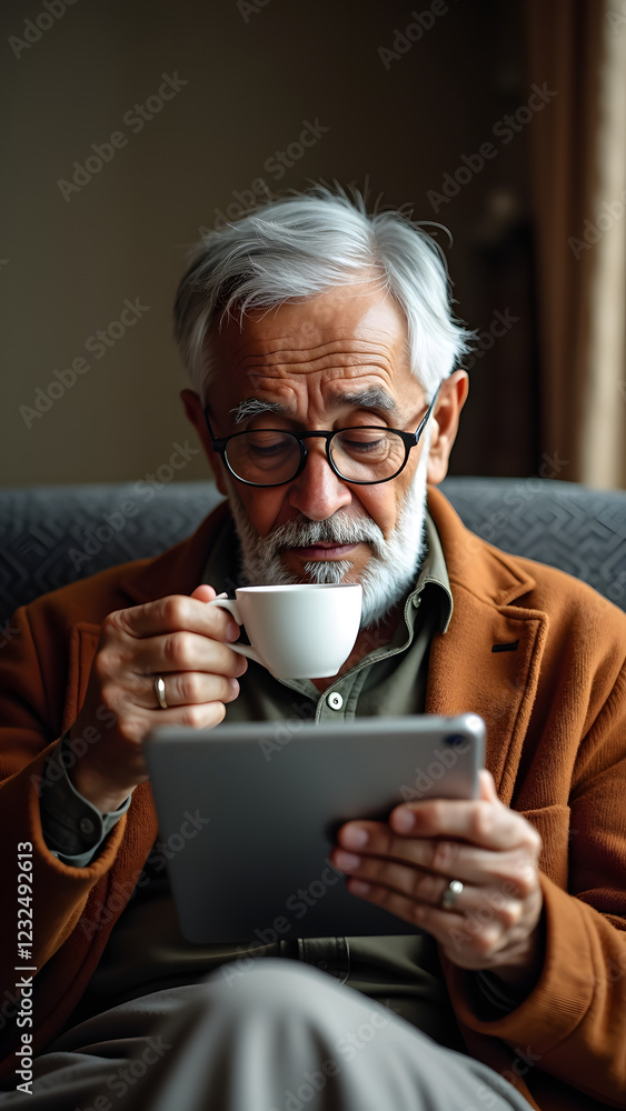 An elderly white man with glasses enjoys a cup of coffee while reading on his tablet, displaying a calm and thoughtful expression in a cozy indoor setting An elderly white man with glasses enjoys a cup of coffee while reading on his tablet, displaying a calm and thoughtful expression in a cozy indoor setting