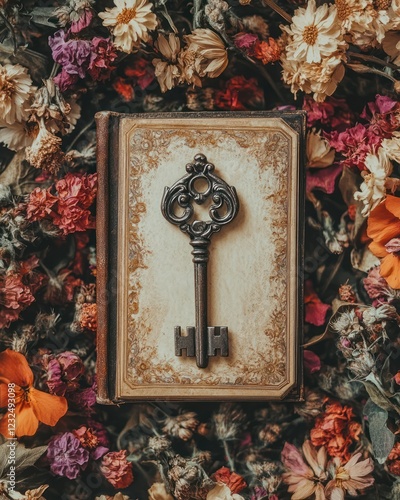 Antique key on vintage book amidst dried flowers; mystery, secrets, memories