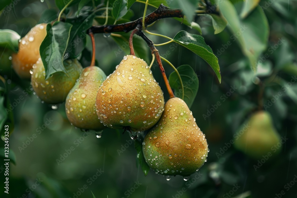 Φωτογραφία Close up of ripe, wet pears hanging on a tree branch in an orchard during a rain