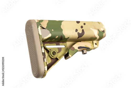 Camouflage rifle stock, adjustable, polymer construction, ergonomic design, military-style, close-up, isolated on white back. photo