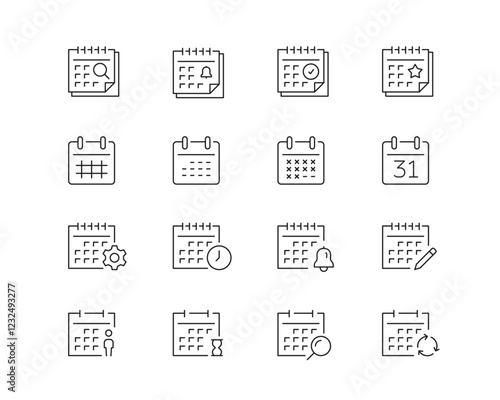 Calendars and Time Icon collection containing 16 editable stroke icons. Perfect for logos, stats and infographics. Edit the thickness of the line in Adobe Illustrator (or any vector capable app).