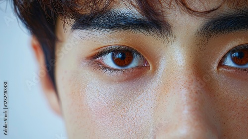 A young Asian man's eye is captured in a slow-motion close-up