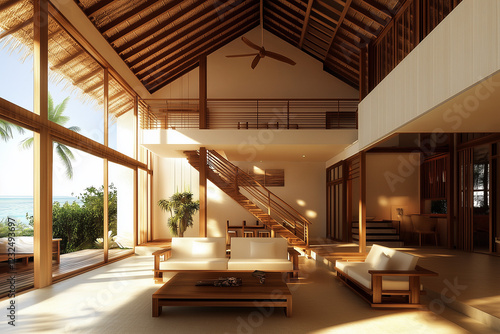 Obraz na płótnie Double Ceiling Height Living Room in Tropical Modern Design w salonie