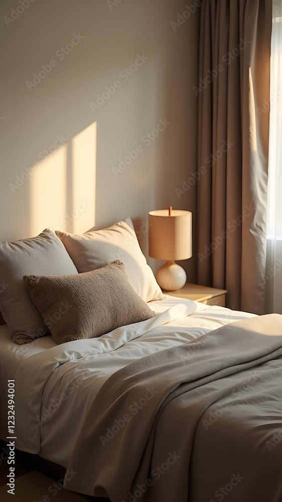 Fototapeta premium A cozy bedroom scene featuring soft, neutral bedding and warm sunlight filtering through the curtains highlighting a bedside lamp and decorative pillow